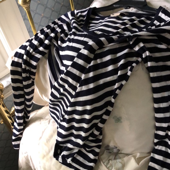 Bold deep navy/white striped long sleeve top with diagonal striped detail. - Picture 3 of 7